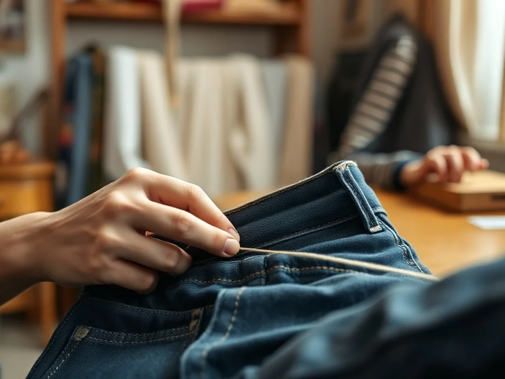 Dłonie krawcowej zwężające pas jeansów za pomocą igły i nici w przytulnej pracowni.